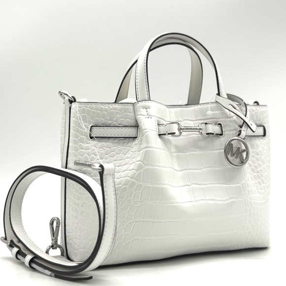 Michael Kors Carson Small Crocodile Embossed Satchel Bag Optic White Leather - Picture 1 of 10